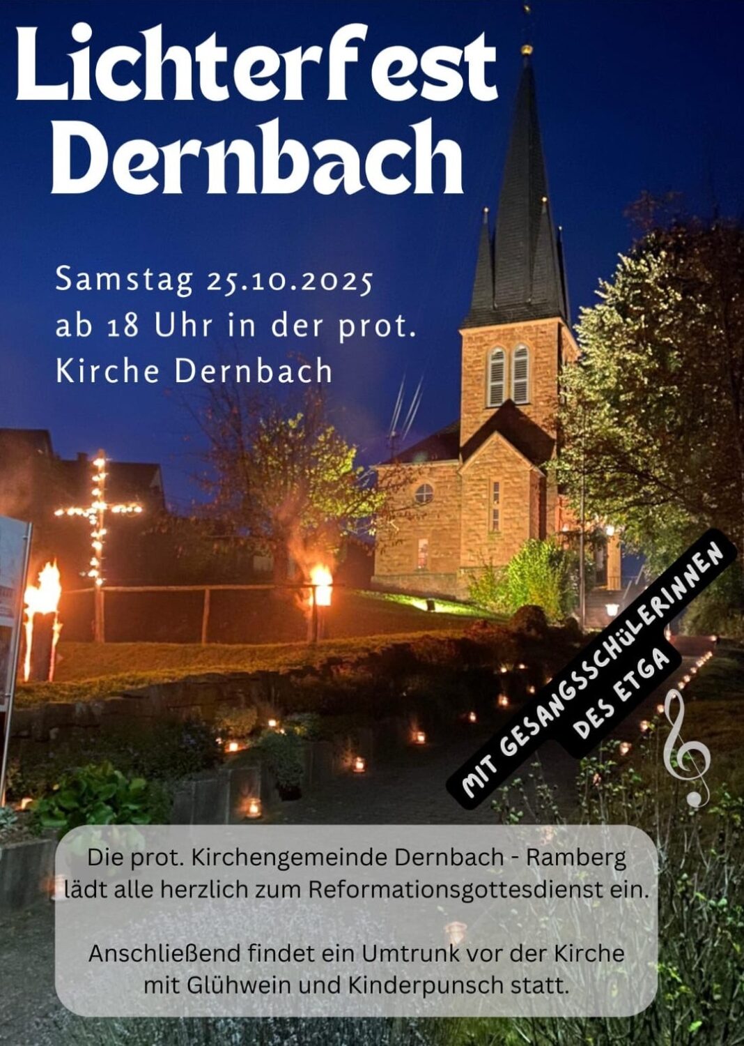 Beleuchtete Kirche bei Nacht mit Laternen; Text wirbt für ein "Lichterfest" am 25.10.2025 in Dernbach.