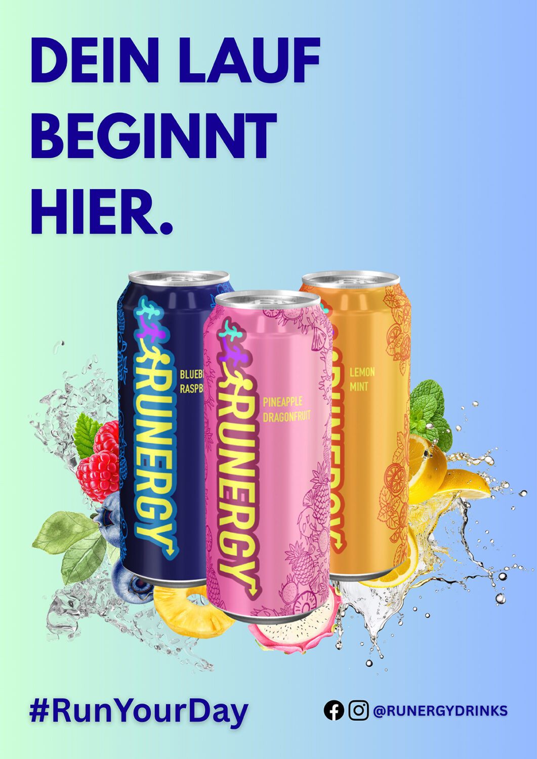 Drei bunte RUNERGY Energydrink-Dosen mit Früchten und spritzendem Wasser, mit deutschem Text auf einem Hintergrund mit Farbverlauf.