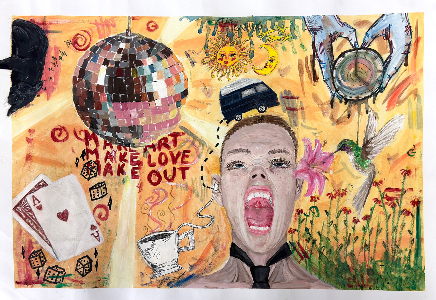 Bunte Collage mit einer schreienden Person, einer Discokugel, einem Van, einem Kolibri, Karten und dem Text "Make Art Make Love Make Out".