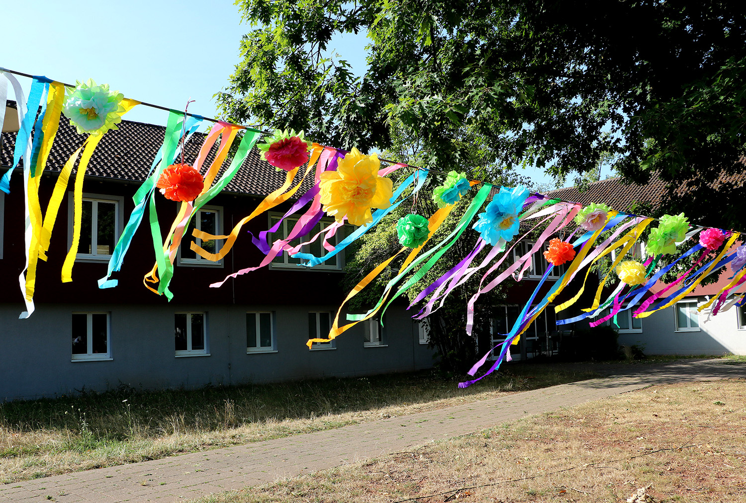 Bunte Luftschlangen und Papierblumen hängen unter einem Baum quer über den Hof vor einem Gebäude.