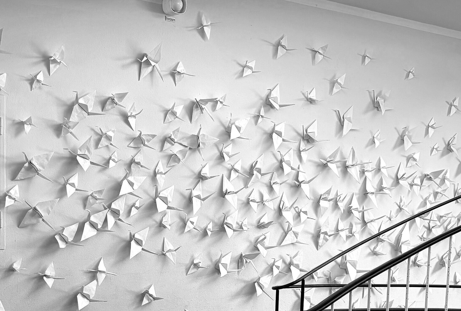 Eine weiße Wand, die mit vielen Origami-Papierkranichen geschmückt ist, in der Nähe eines geschwungenen Treppengeländers.