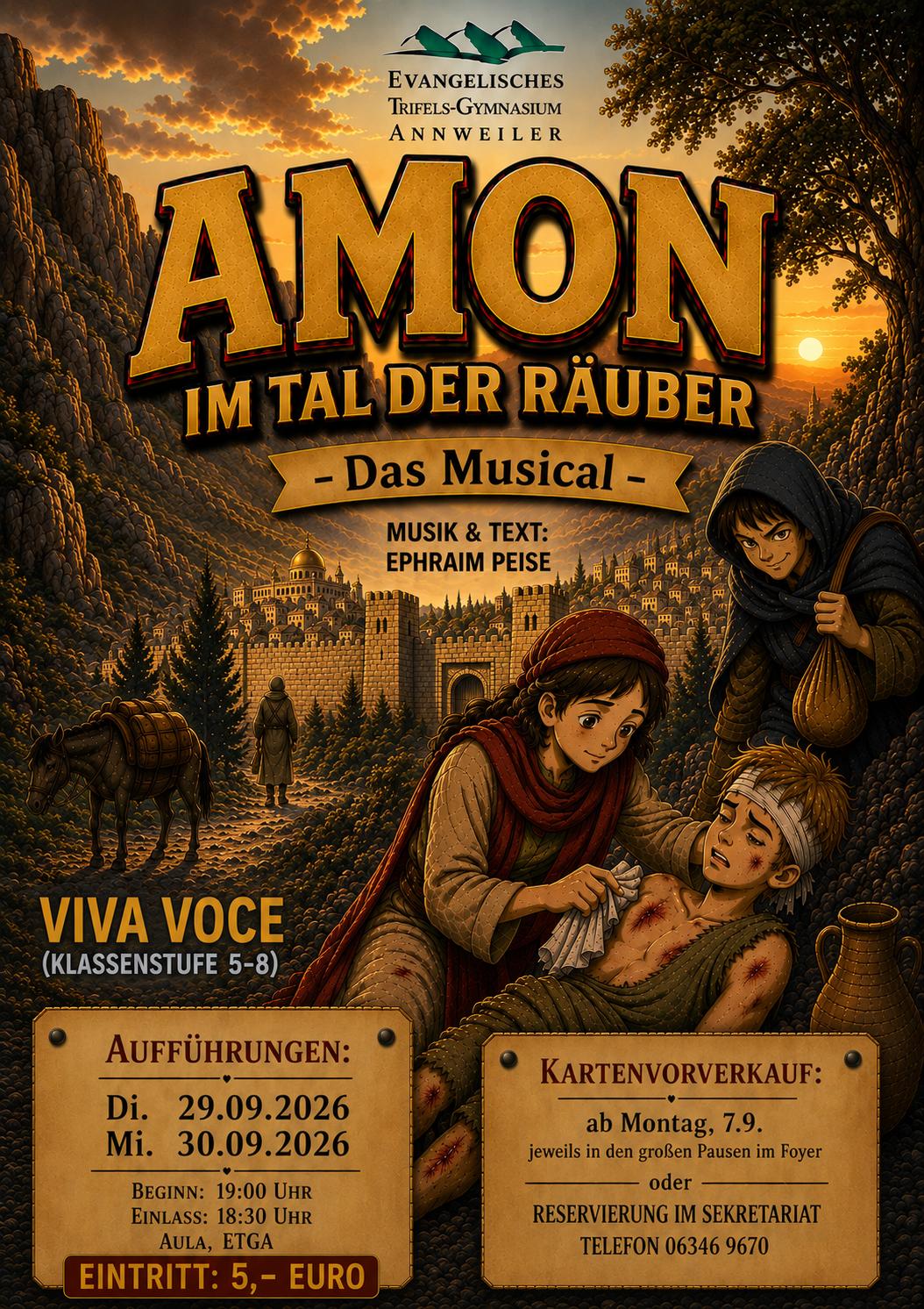 Ein Musikplakat zeigt eine Familie, die sich im Wald versteckt, mit auffälliger gelber Schrift und Veranstaltungsdetails auf Deutsch.