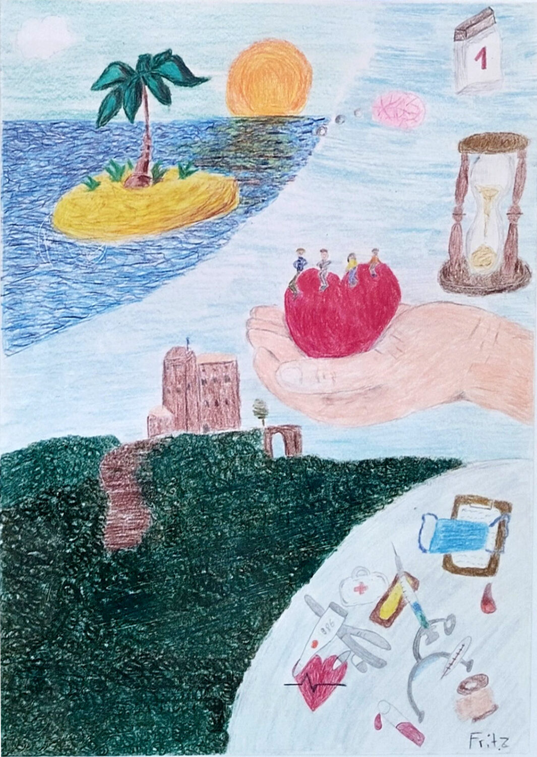 Eine Buntstiftzeichnung, die eine riesige Hand zeigt, die ein Herz, eine Insel und medizinische Hilfsgüter hält.
